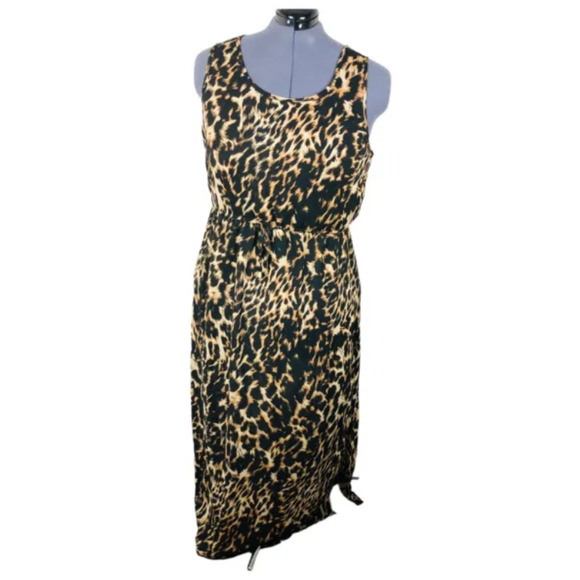 Indulge Womens Sleeveless Long Chiffon Maxi Dress Black Brown Animal Print 2X - Picture 1 of 9